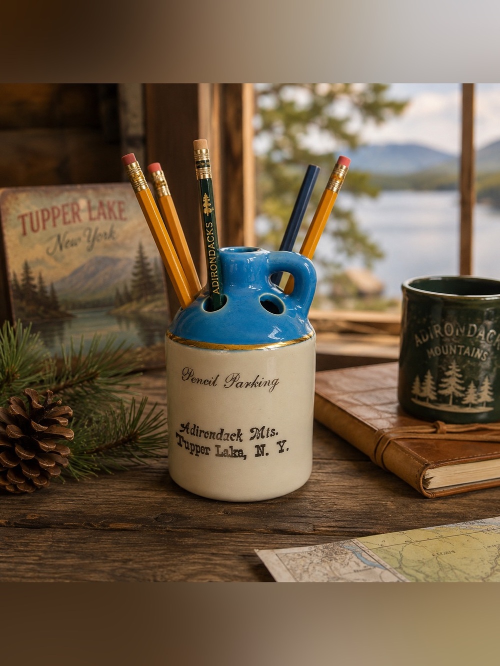 Vtg Pencil Holder Ceramic USA Adirondacks NY Tupper Lake Desktop MCM Souvenir